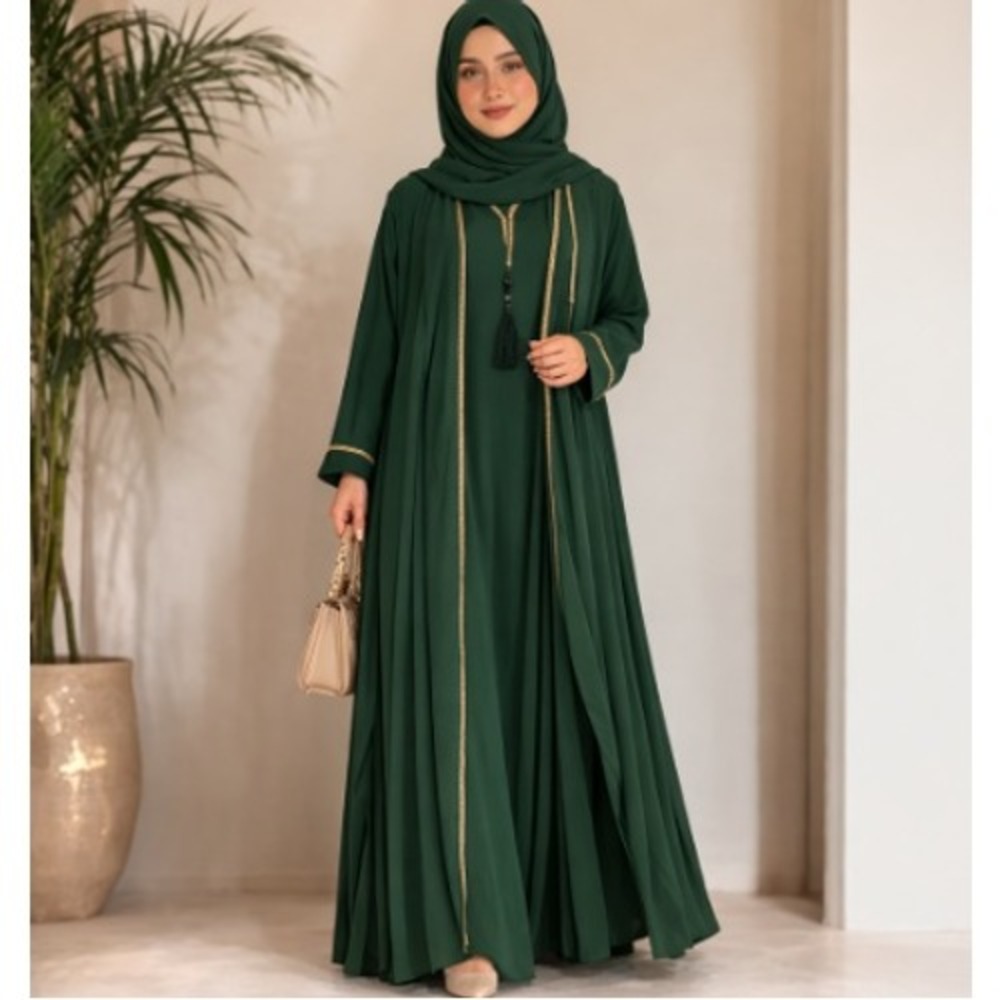 Al Jaber Gallery Emerald Gold‎ Beaded Trim Armani Two Piece Abaya Size 58 NWT